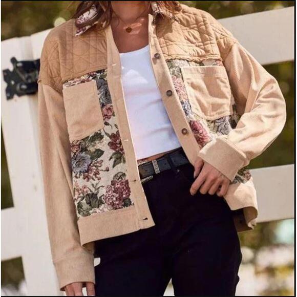 #2252 Oddi NWT Beige Floral Colorblock Corduroy Patchwork Jacket Coat Size 1X - Picture 2 of 5